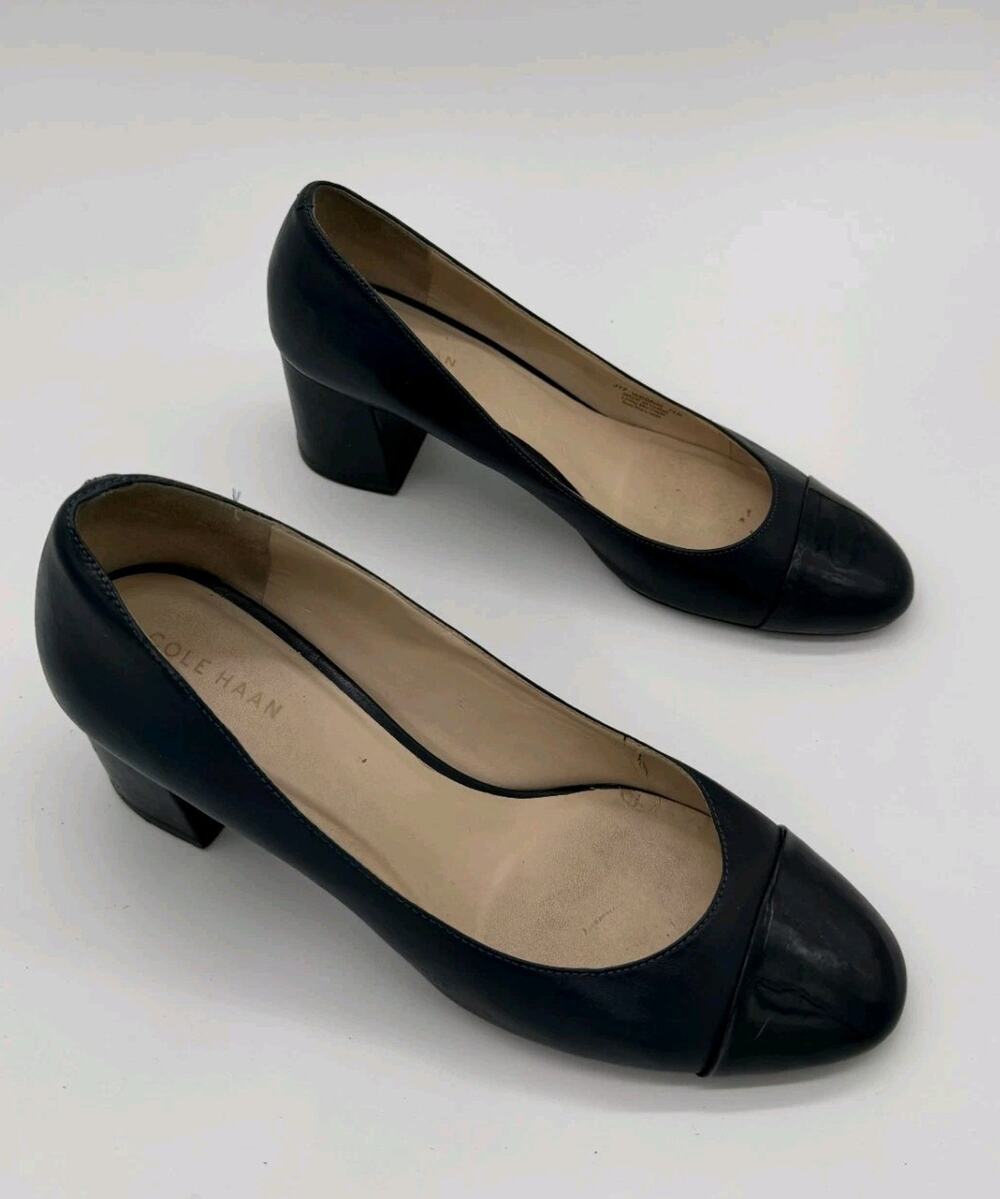 Cole Haan Dawna Navy Blue Grand Cap Toe Pump Block Heels Slip-On Women Size 7.5B